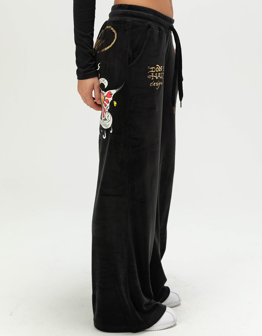 ED HARDY Amor Butterfly Womens Velour Sweatpants - BLACK