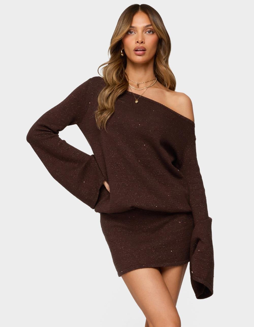 EDIKTED Off Shoulder Sequin Knit Mini Dress - BROWN