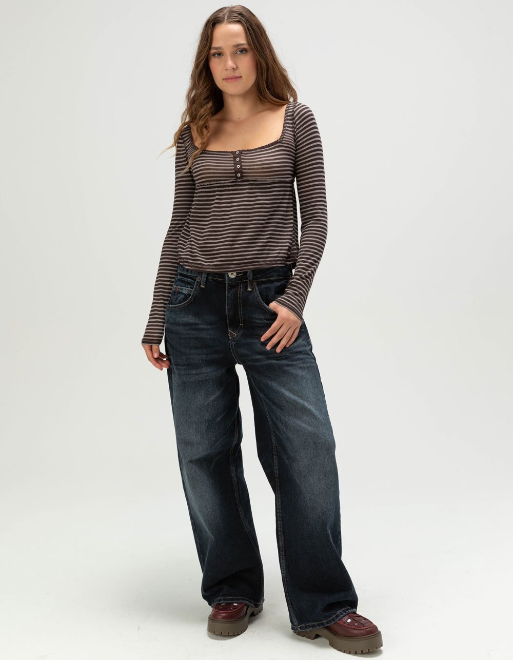 BDG Urban Outfitters Brittney Womens Long Sleeve Babydoll Top - BROWN/WHITE