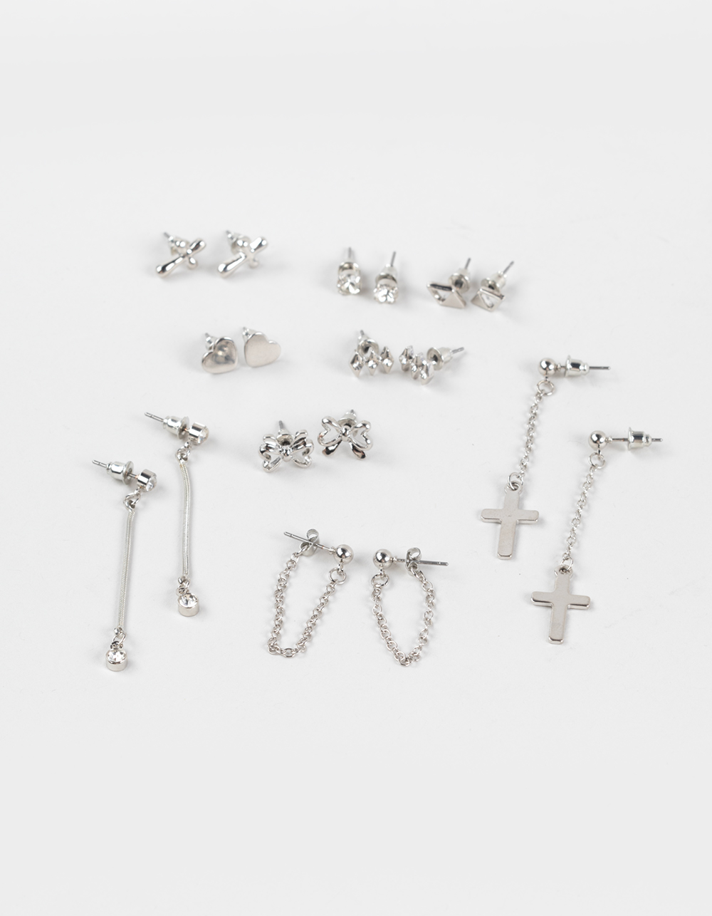 FULL TILT 9 Pack Dainty Stud Dangle Earrings - SILVER