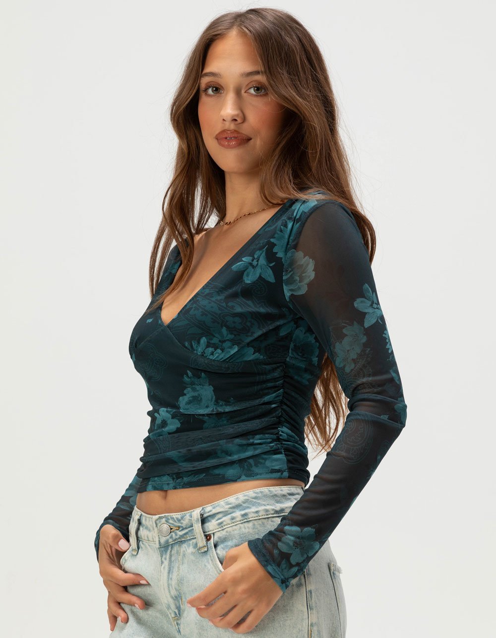FULL TILT Floral Mesh Ruched Womens Long Sleeve Top - TEAL GREEN