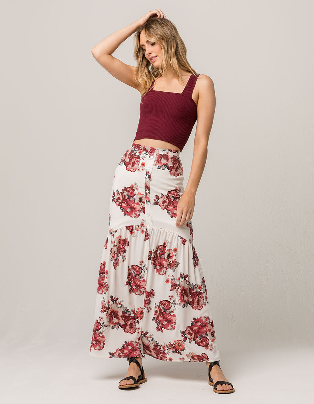 SKY AND SPARROW Rose Button Front Maxi Skirt - WHITE COMBO | Tillys