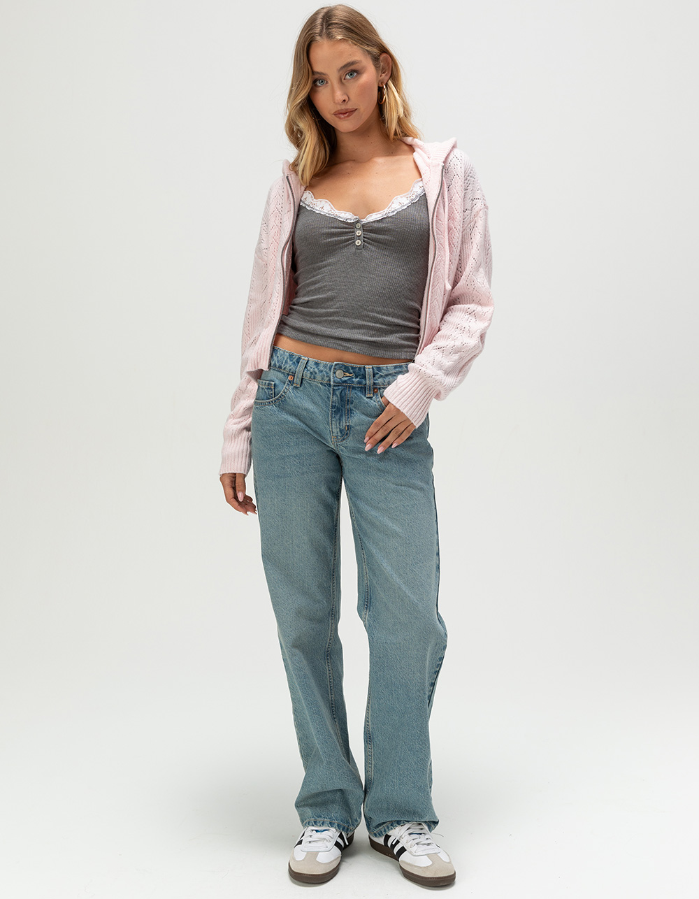 RSQ Womens Pointelle Zip-Up Sweater - LIGHT PINK