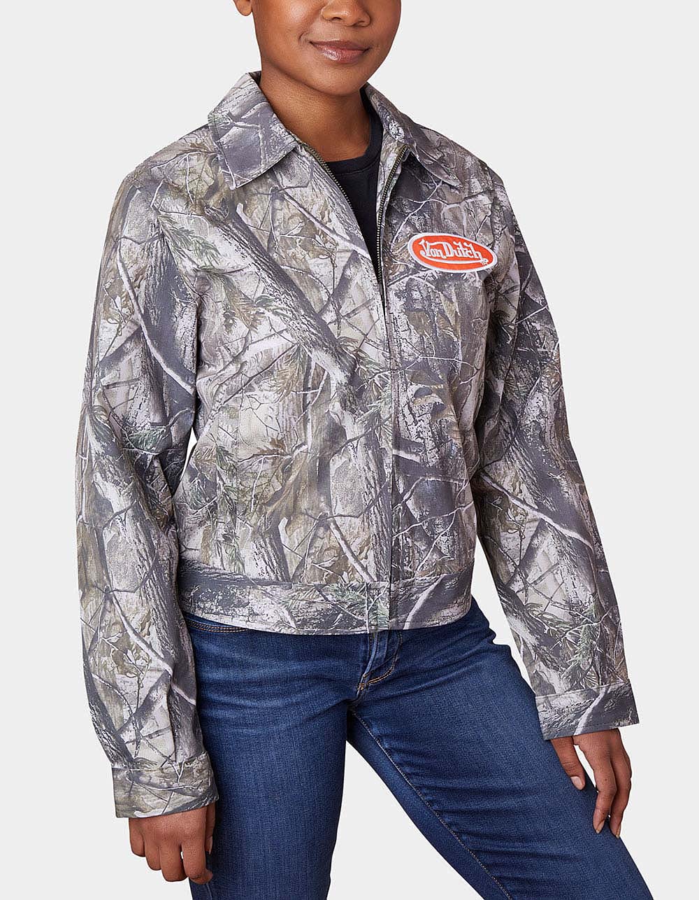 VON DUTCH Mechanical Stretch Twill Tree Print Womens Jacket - GREEN