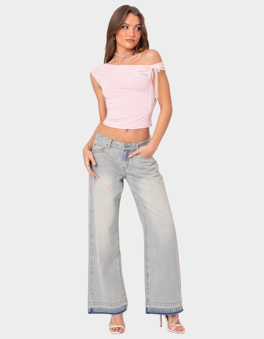 EDIKTED Lace Bow Asymmetric Top - PINK