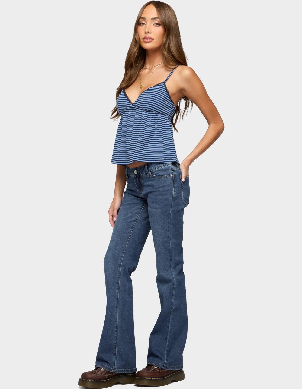 EDIKTED Orietta Striped Babydoll Top - NAVY