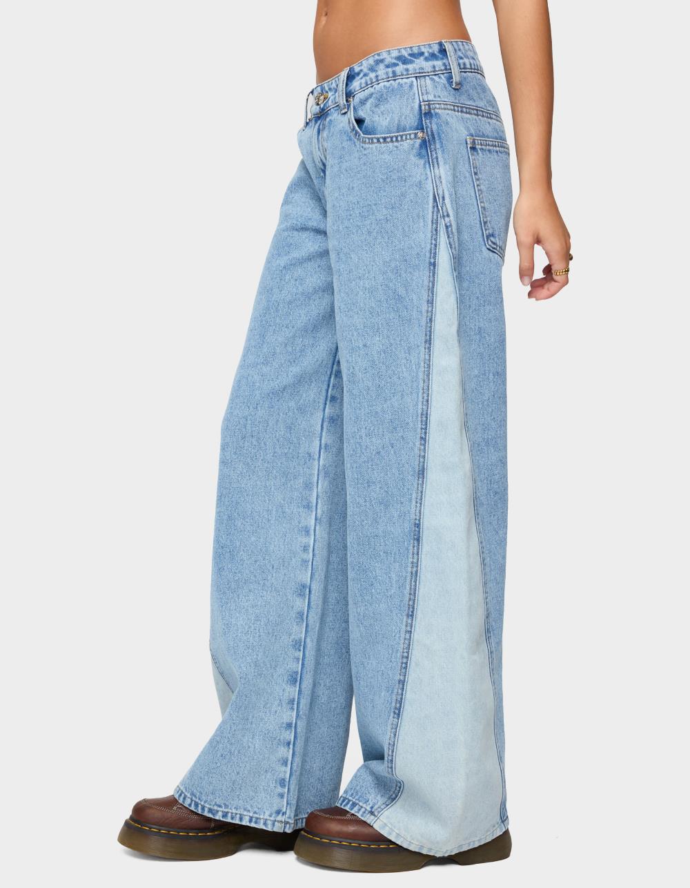 EDIKTED Genna Contrast Panel Low Rise Jeans - LIGHT BLUE