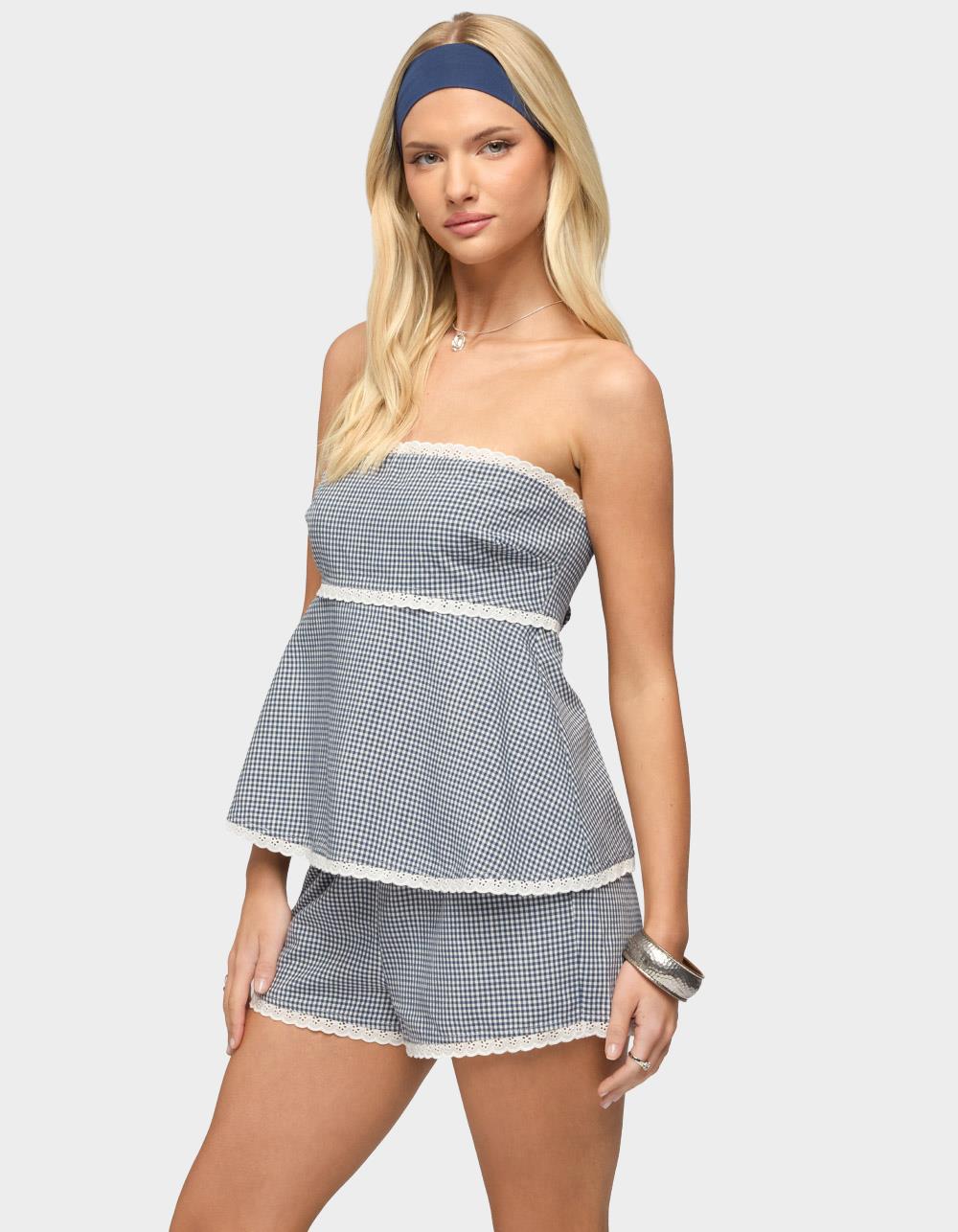 EDIKTED Ellie Lacey Ginghman Strapless Top - NAVY