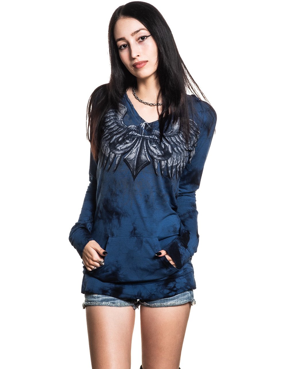 AFFLICTION Blade Killer Womens Long Sleeve Hooded Shirt - BLUE