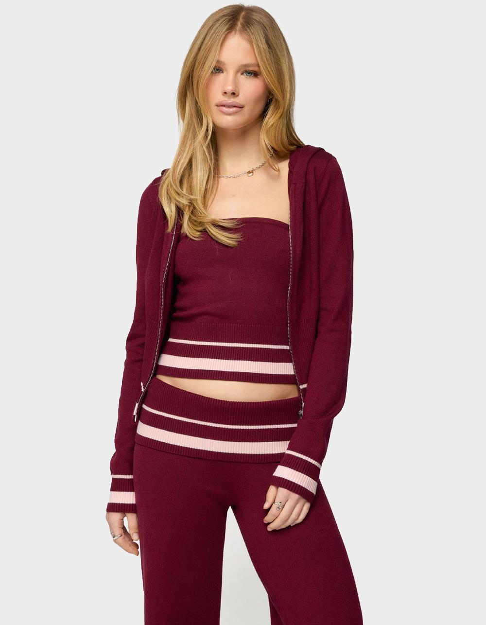 EDIKTED Kaliya Stripey Knit Zip Up Hoodie - DK RED
