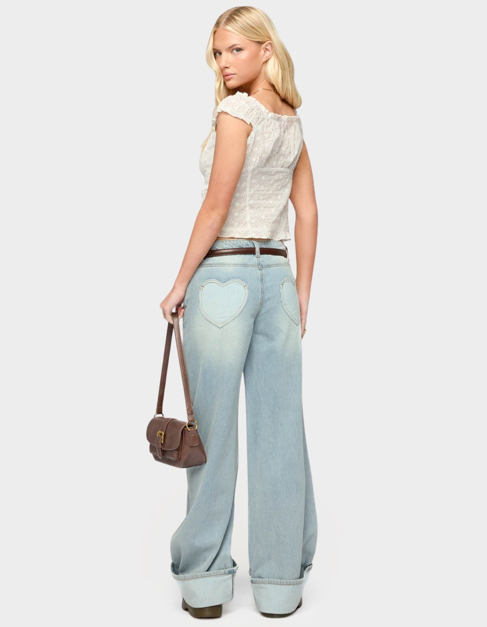 EDIKTED Contrast Heart Low Rise Baggy Jeans - LIGHT BLUE