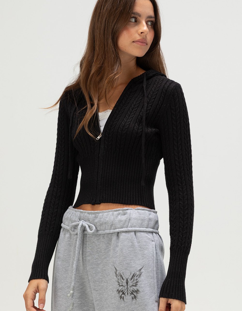 RSQ Womens Cable Knit Zip-Up Sweater
