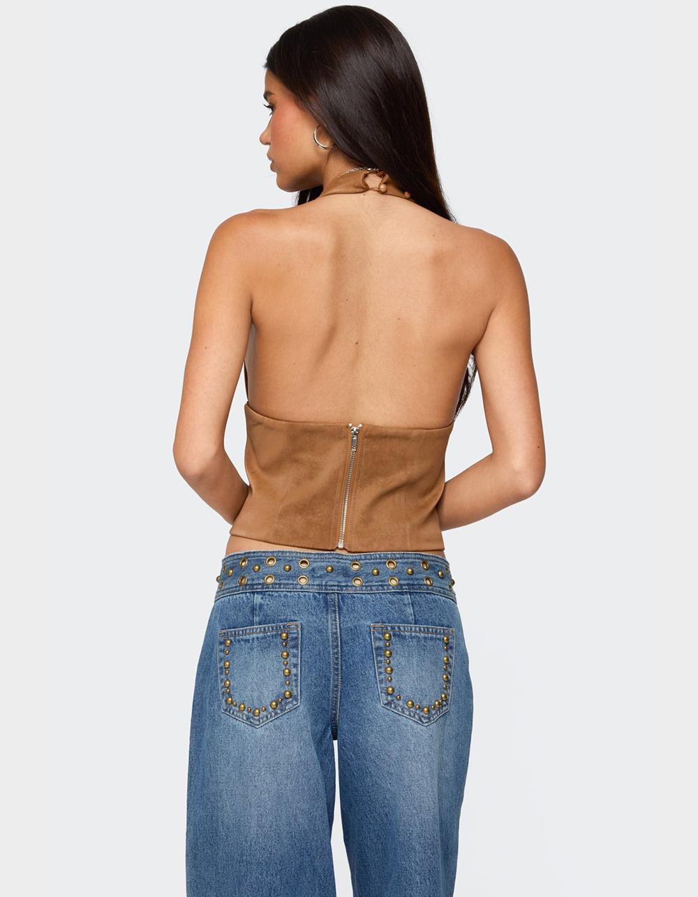 EDIKTED Xaria Studded Faux Suede Halter Top - BROWN