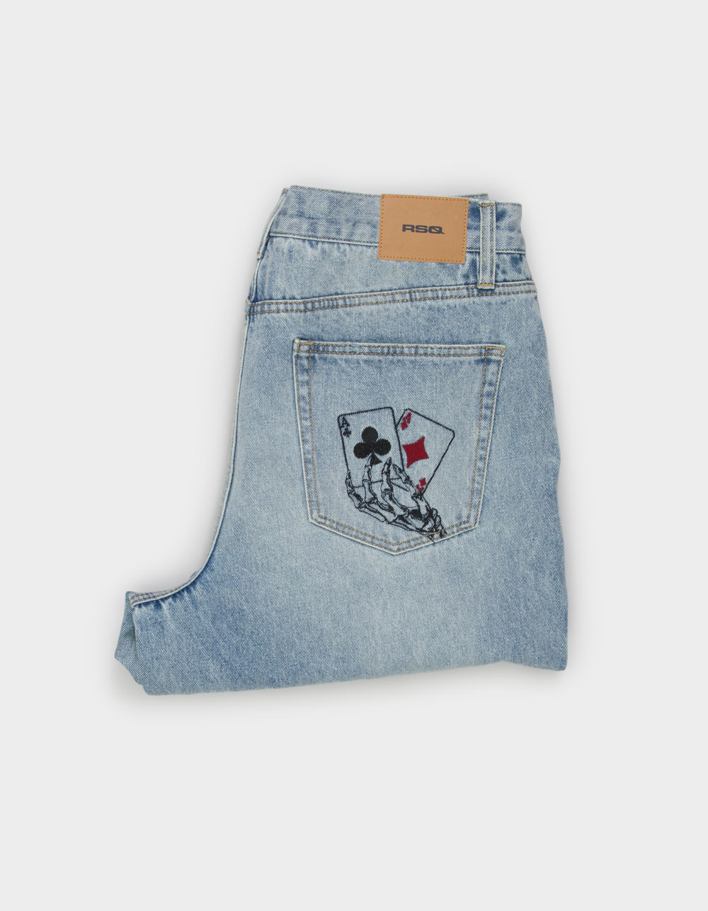 RSQ Mens Extra Baggy Embroidered Jeans - LIGHT INDIGO
