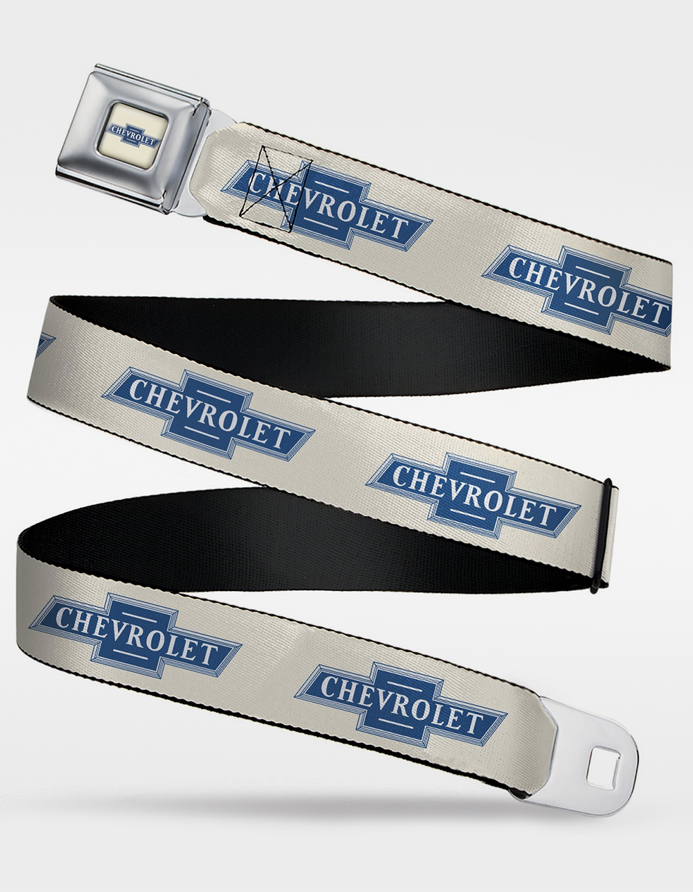 BUCKLE-DOWN Chevrolet 1940 Bowtie Text Logo Seatbelt Belt - BLUE/WHT