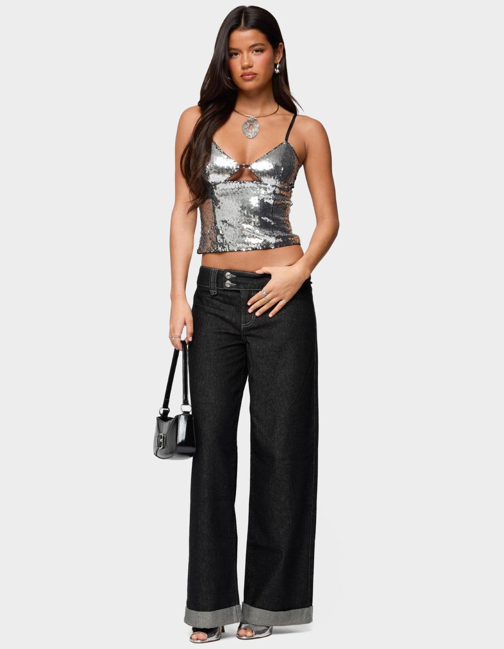 EDIKTED Rokko Cut Out Sequin Top - SILVER