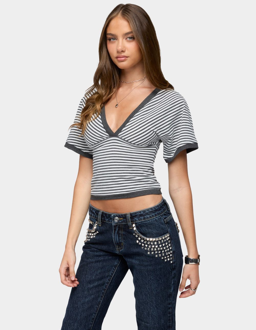 EDIKTED Primrosa Striped V-Neck Flutter Top - DARK GRAY
