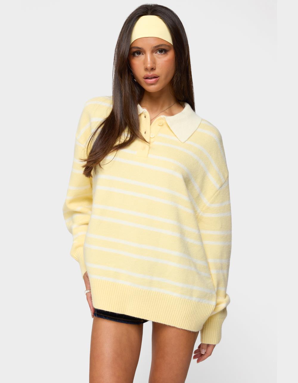 EDIKTED Rilynn Striped Polo Sweater - YELLOW