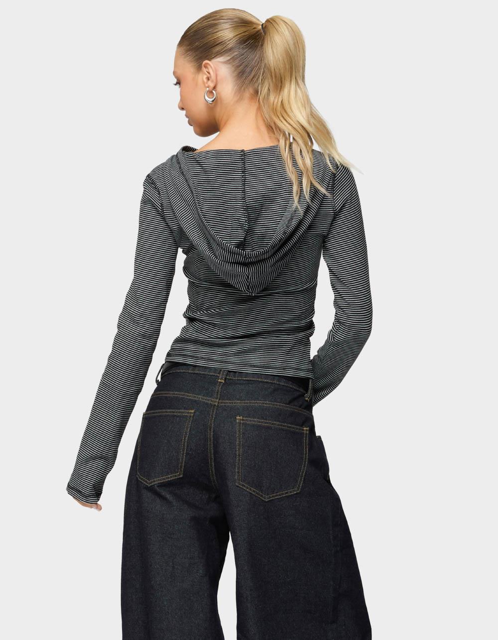 EDIKTED Damson Striped Hooded Henley Top - BLACK