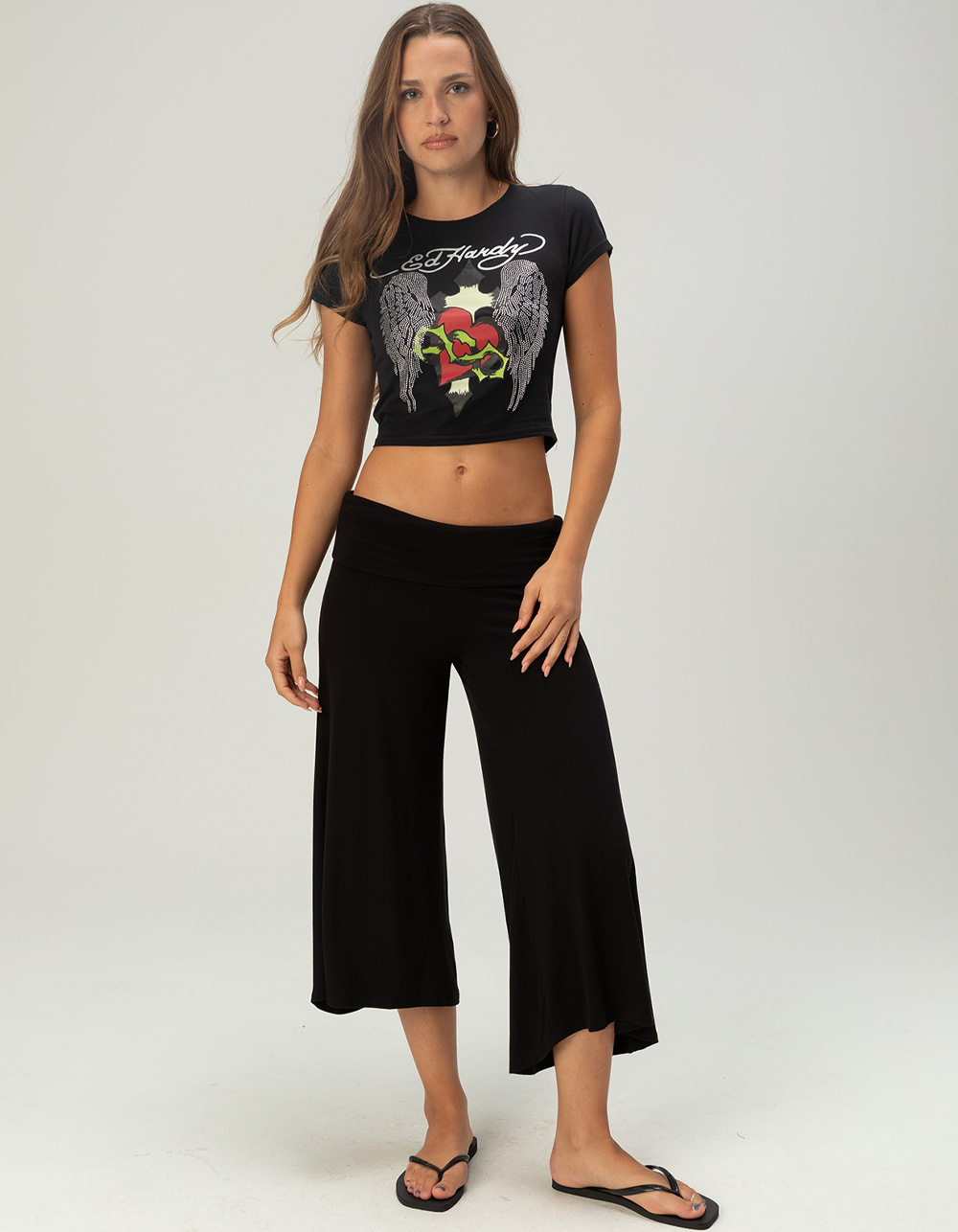 ED HARDY Sacred Heart Wing Womens Rhinestone Baby Tee - BLACK