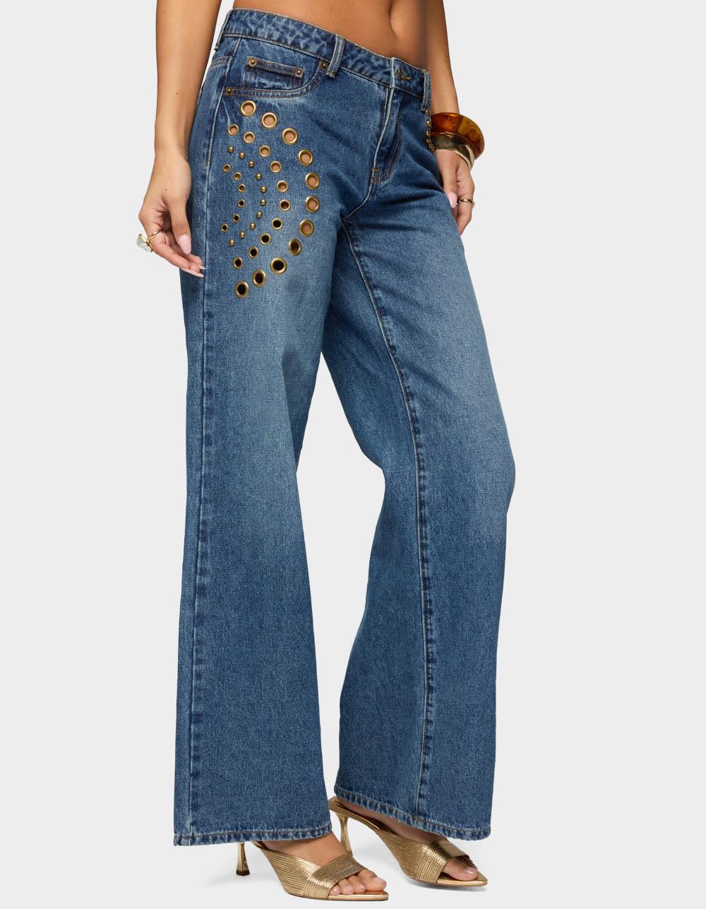 EDIKTED Monika Stud & Grommet Low Rise Baggy Jeans - LIGHT BLUE