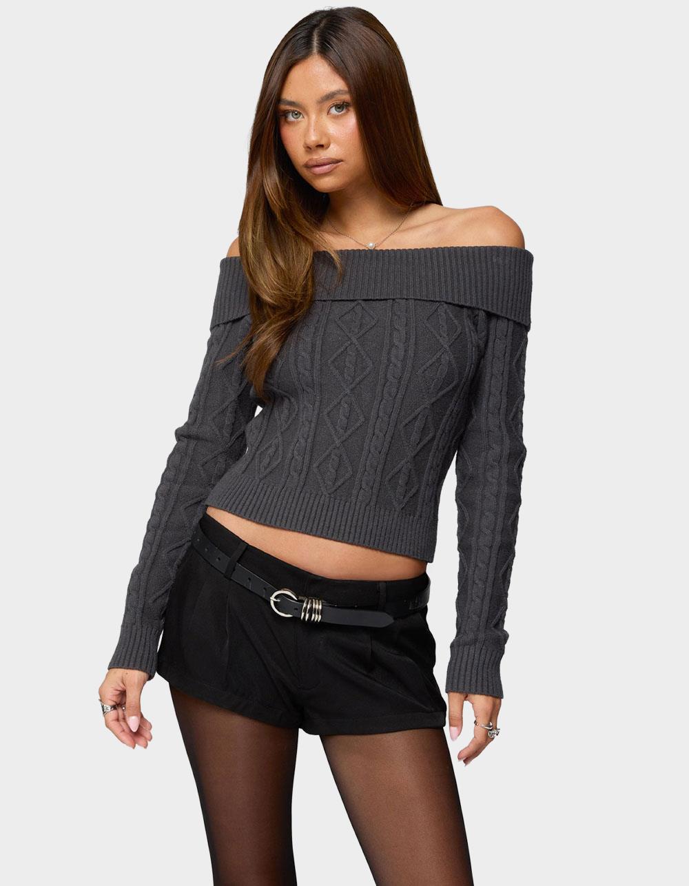 EDIKTED Leta Off Shoulder Cable Knit Sweater - GRAY