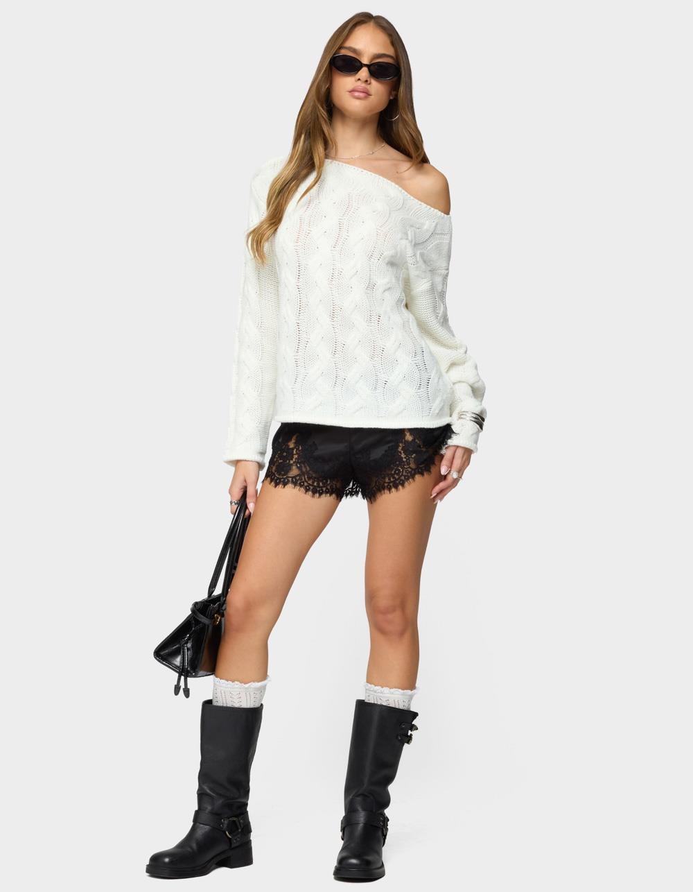 EDIKTED Reisa Lacey Satin Effect Shorts - BLACK