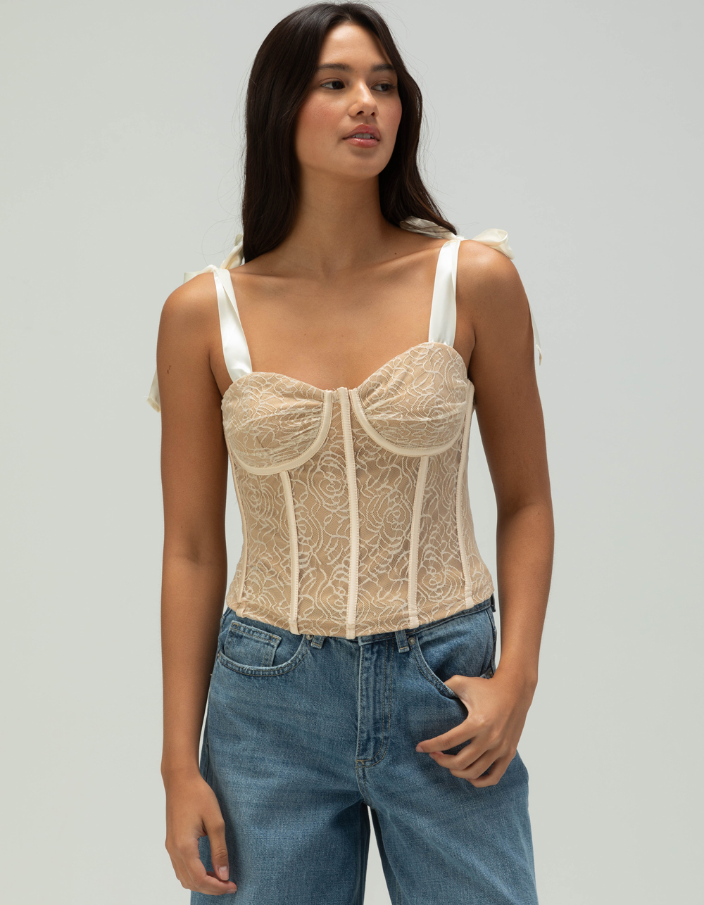 WEST OF MELROSE Womens Lace Corset Top - CREAM
