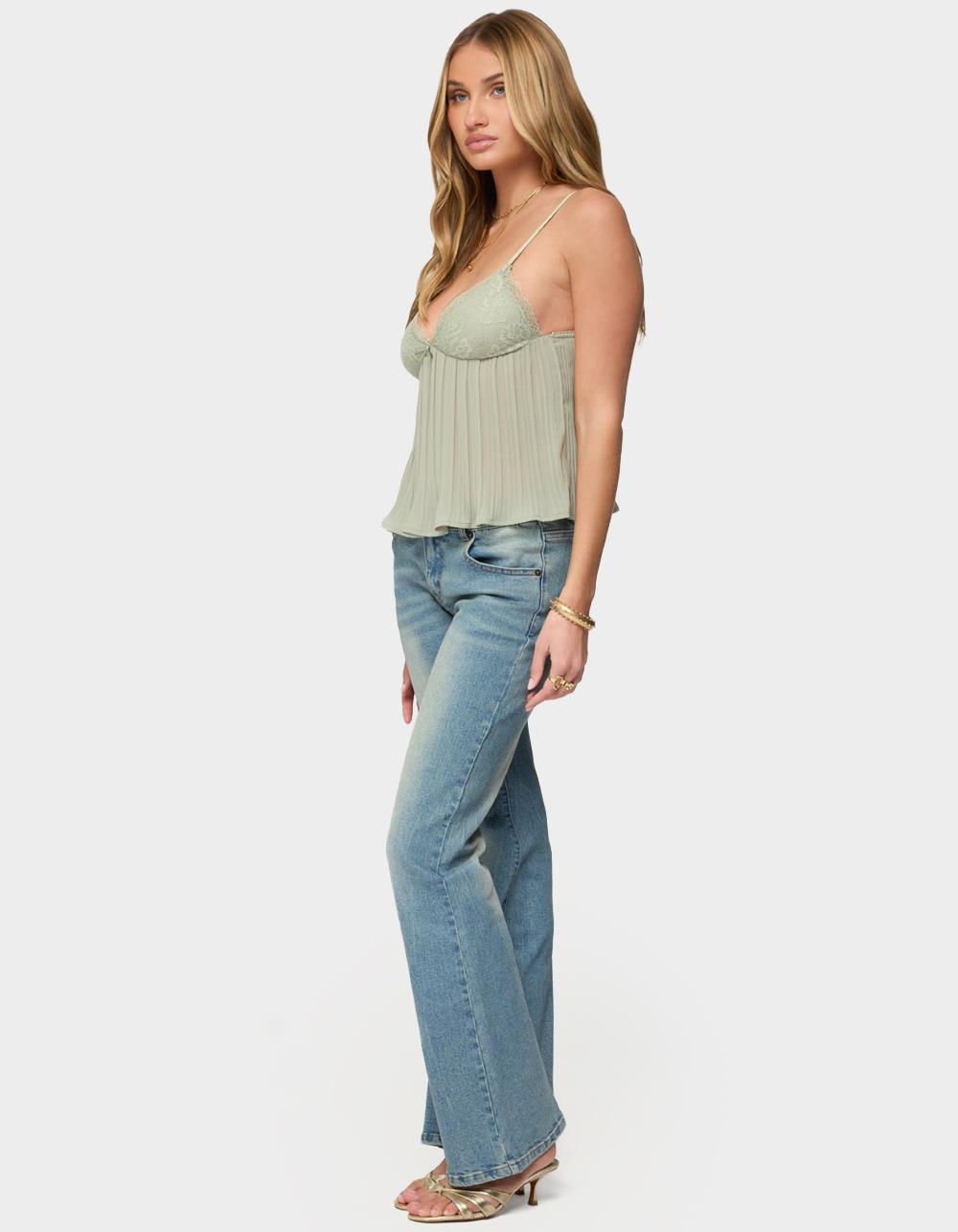 EDIKTED Rhian Lacey Pleated Babydoll Top - DK GREEN