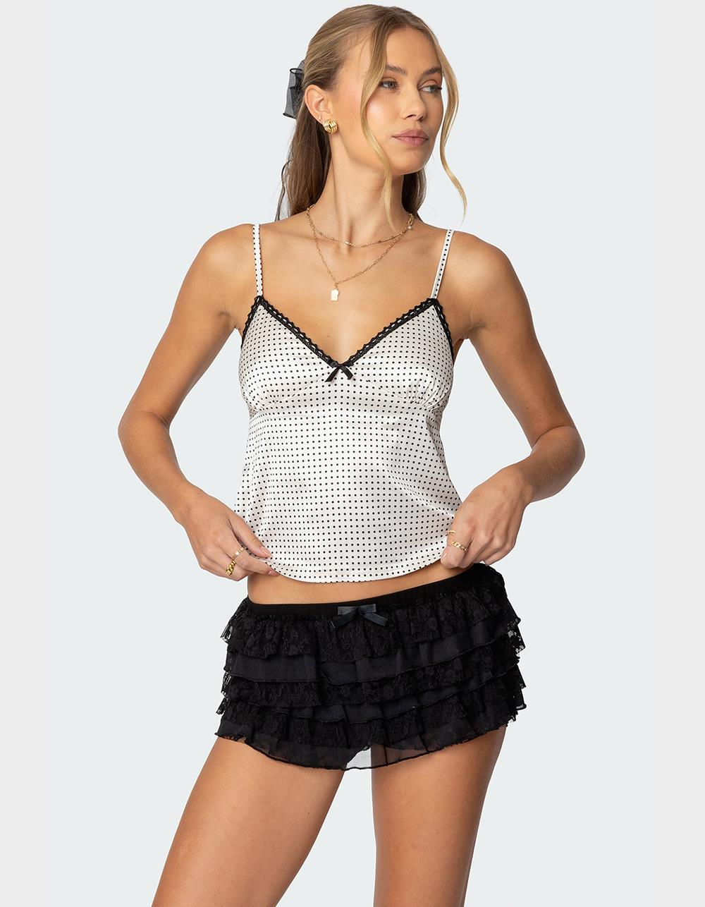 EDIKTED Polka Dot Satin Lace Trim Top - BEIGE