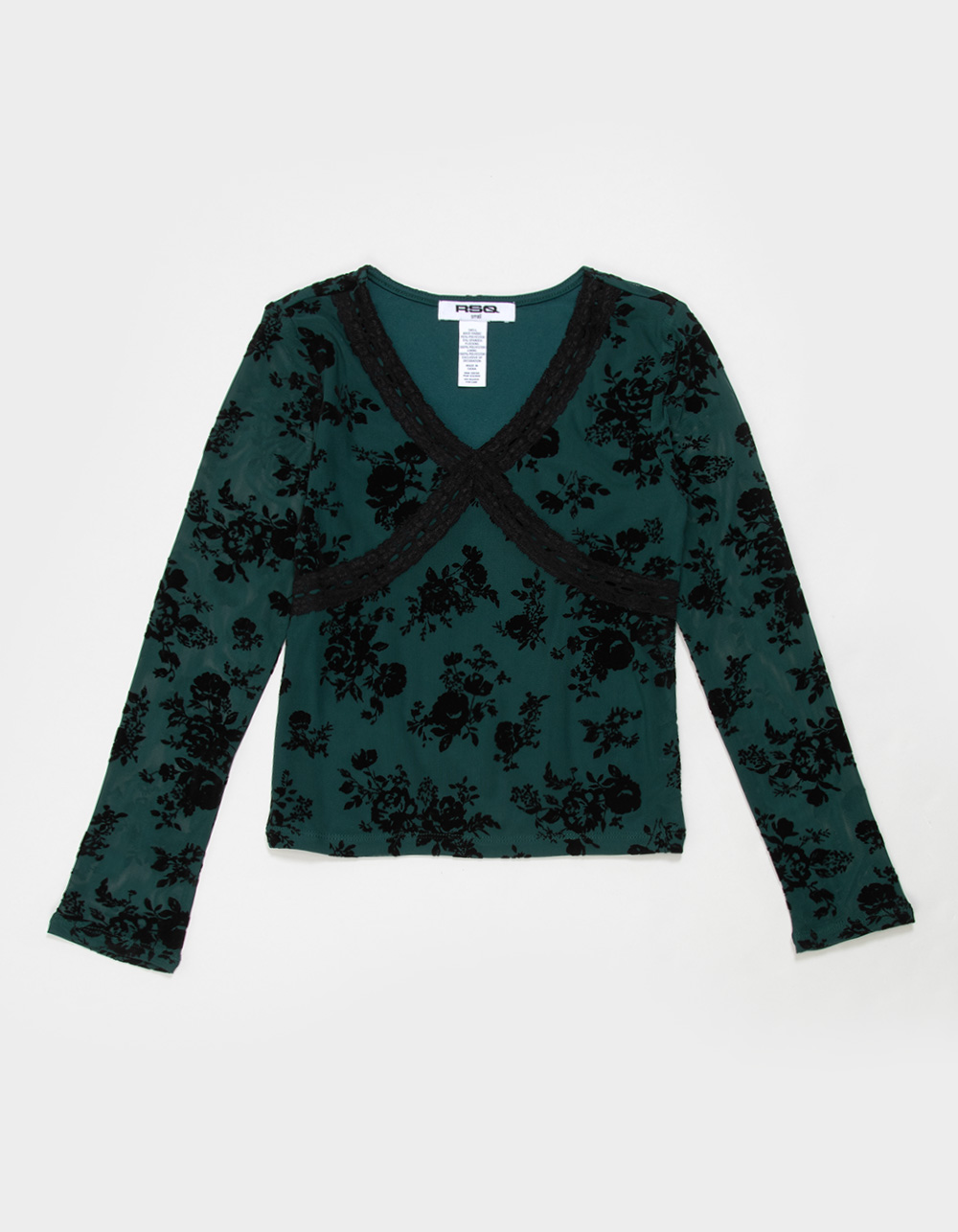 RSQ Girls Flocked Long Sleeve Mesh Top - TEAL GREEN