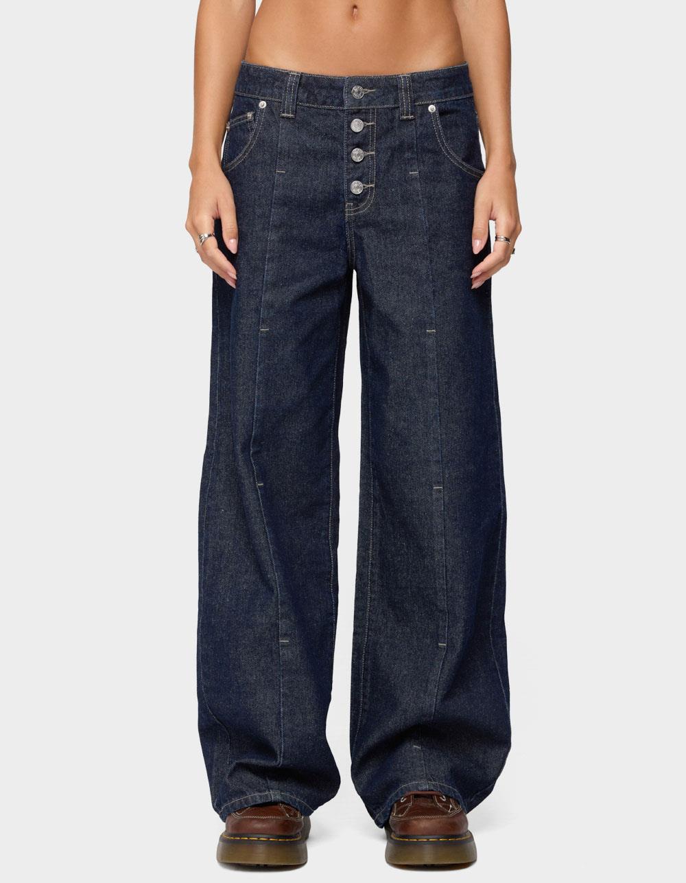 EDIKTED Polley Button Up Low Rise Jeans - DARK BLUE