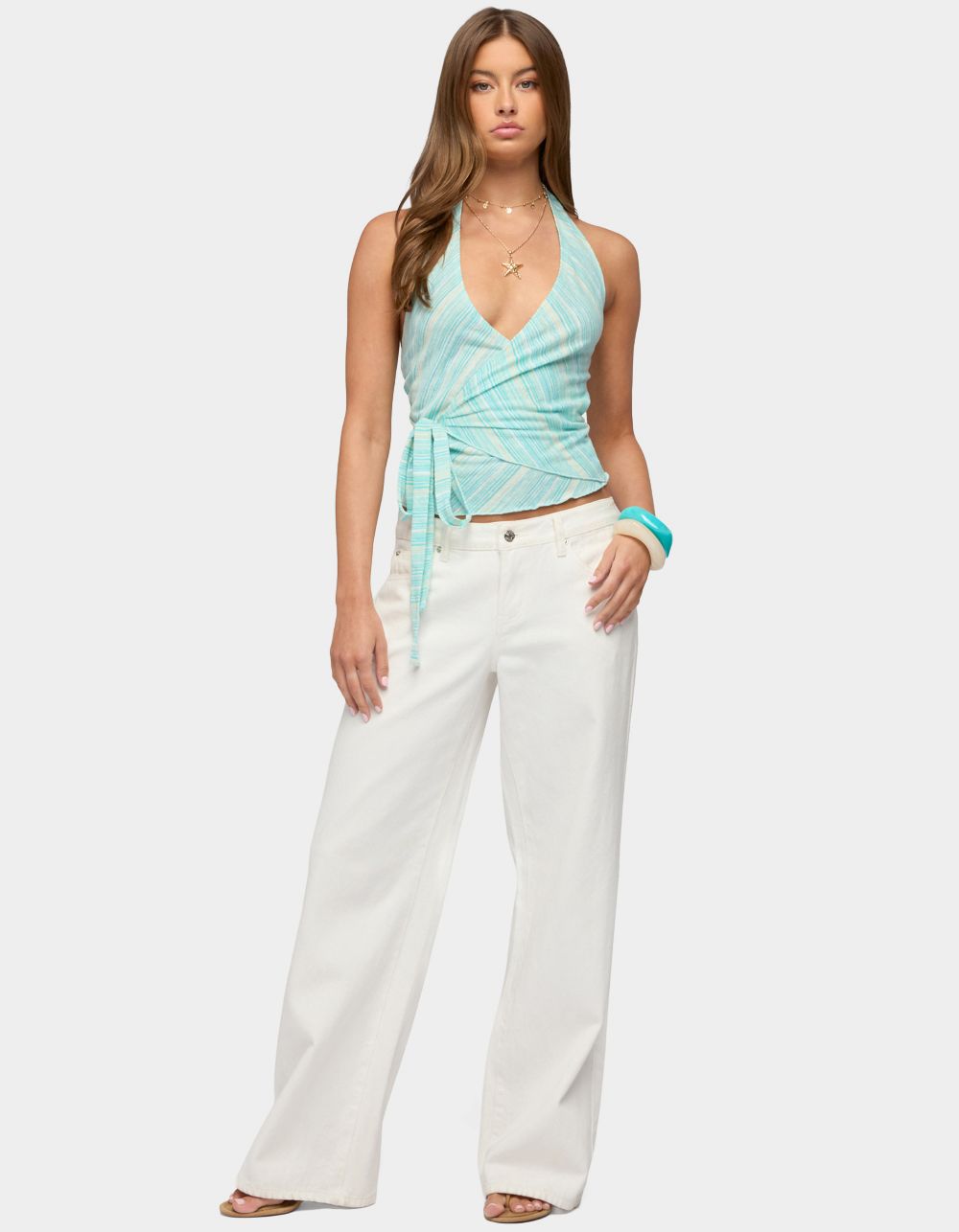 EDIKTED Aquarelle Striped Wrap Halter Top - TURQUOISE