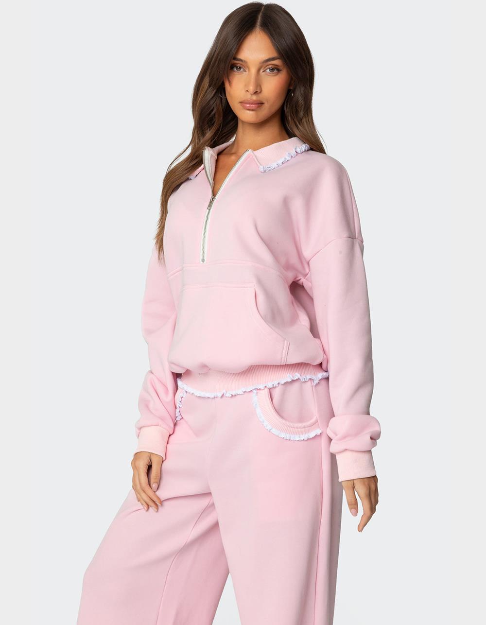 EDIKTED Ashtin Ruffle Trim Sweatshirt - LIGHT PINK