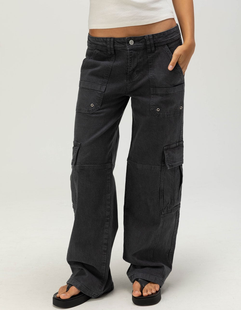 RSQ Womens Low Rise Baggy Cargo Pants - WASHED BLACK