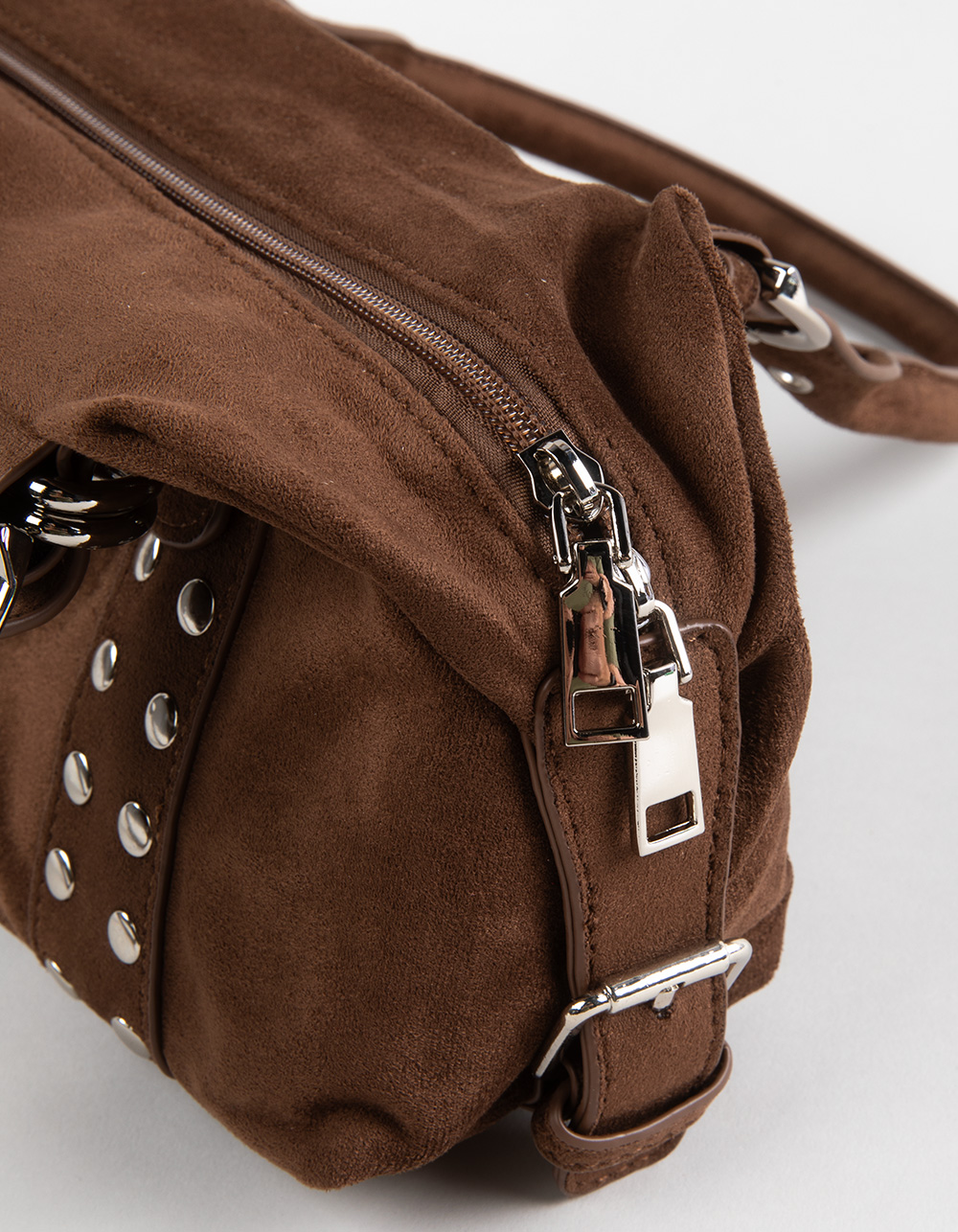 Studded Faux Suede Shoulder Bag  - DARK BROWN