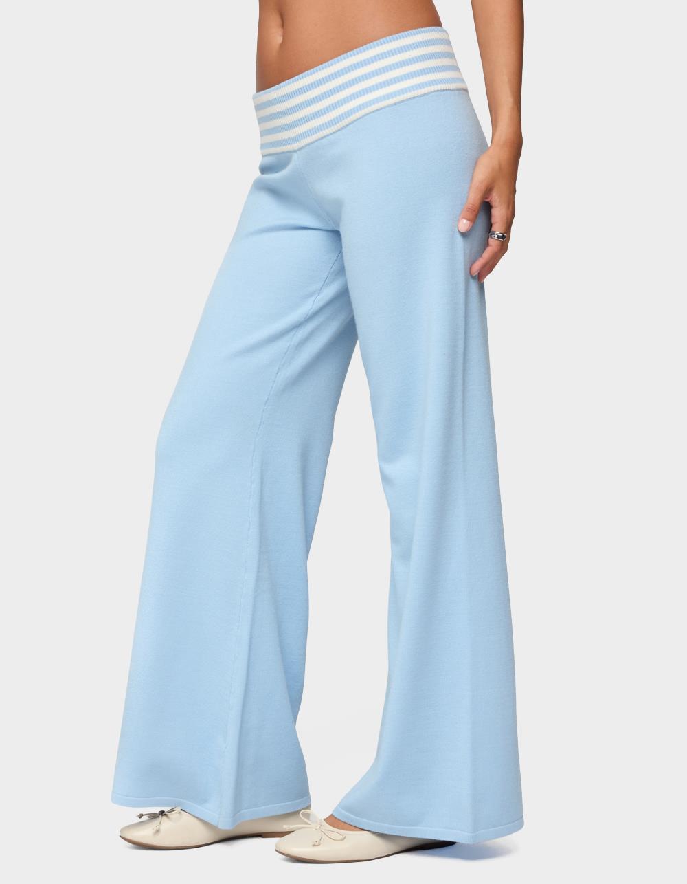 EDIKTED Clarisse Stripey Flared Knit Pants - LIGHT BLUE