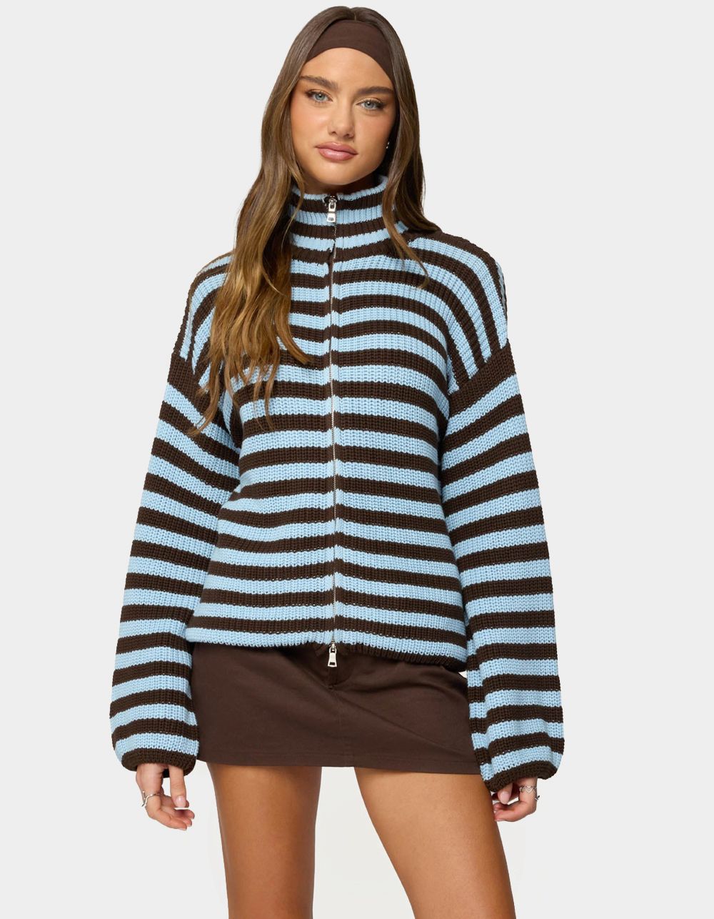 EDIKTED High Neck Striped Zip Up Sweater - BROWN