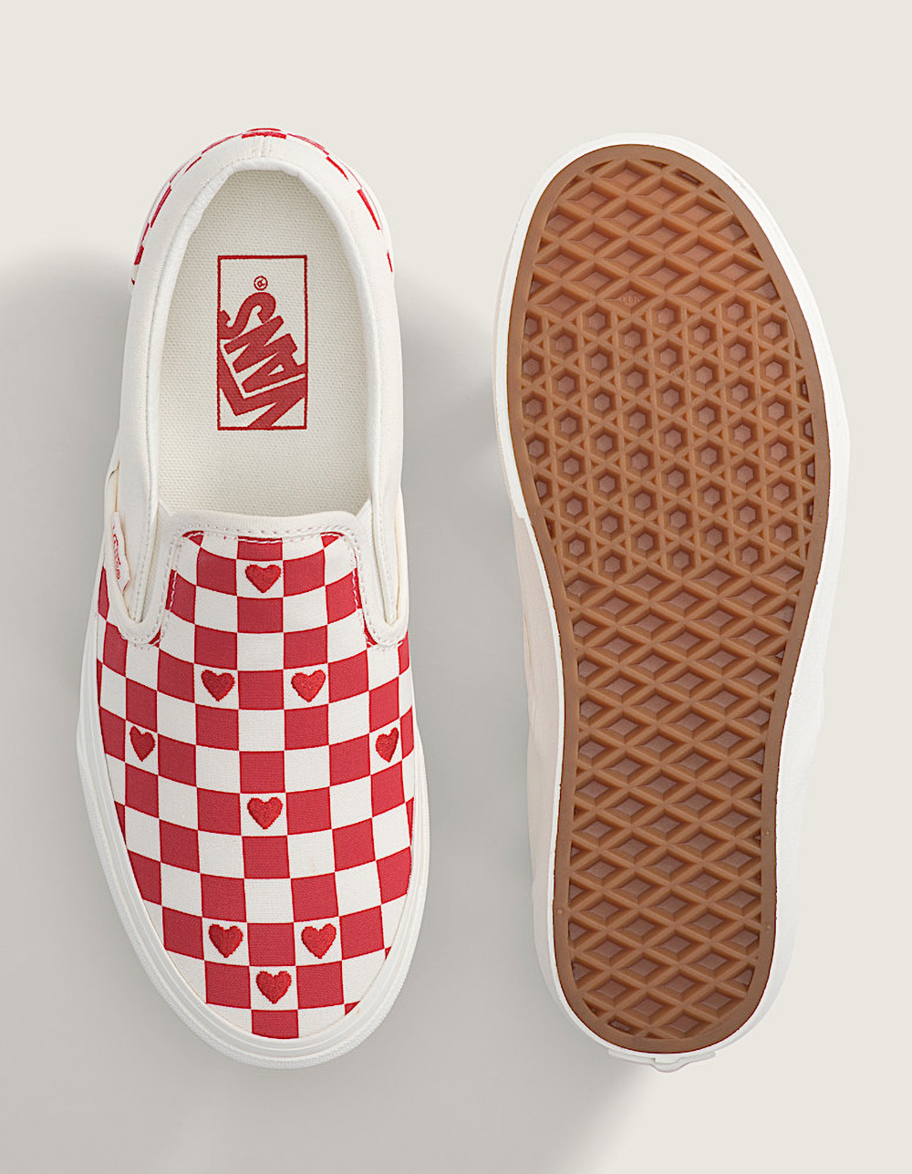 VANS Checkerboard Hearts Womens Classic Slip-On Shoes - RED/WHITE