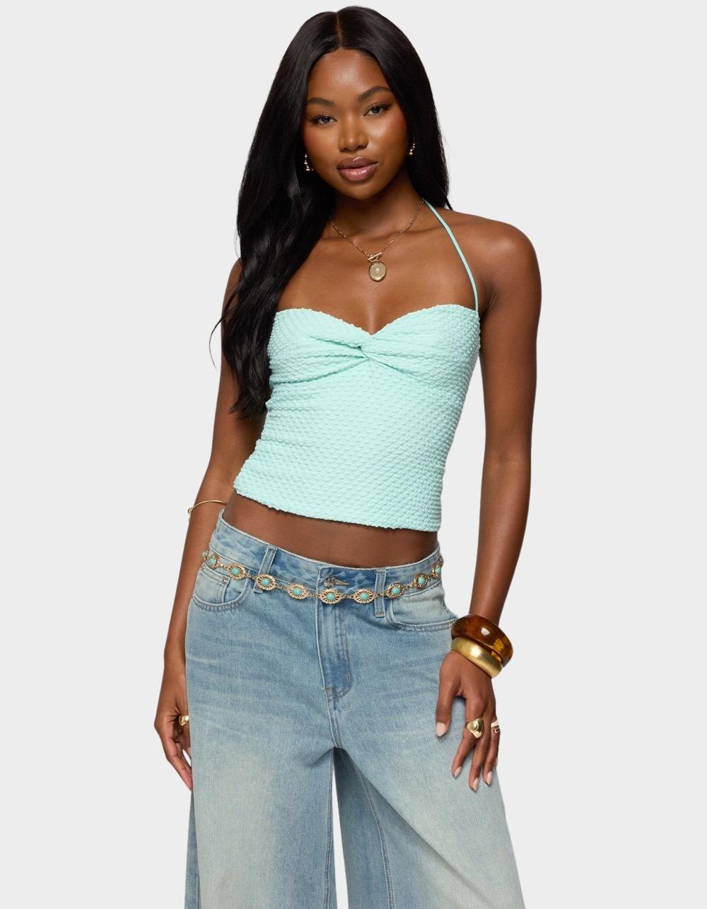 EDIKTED Zoee Twisted Textured Halter Top - LIGHT BLUE