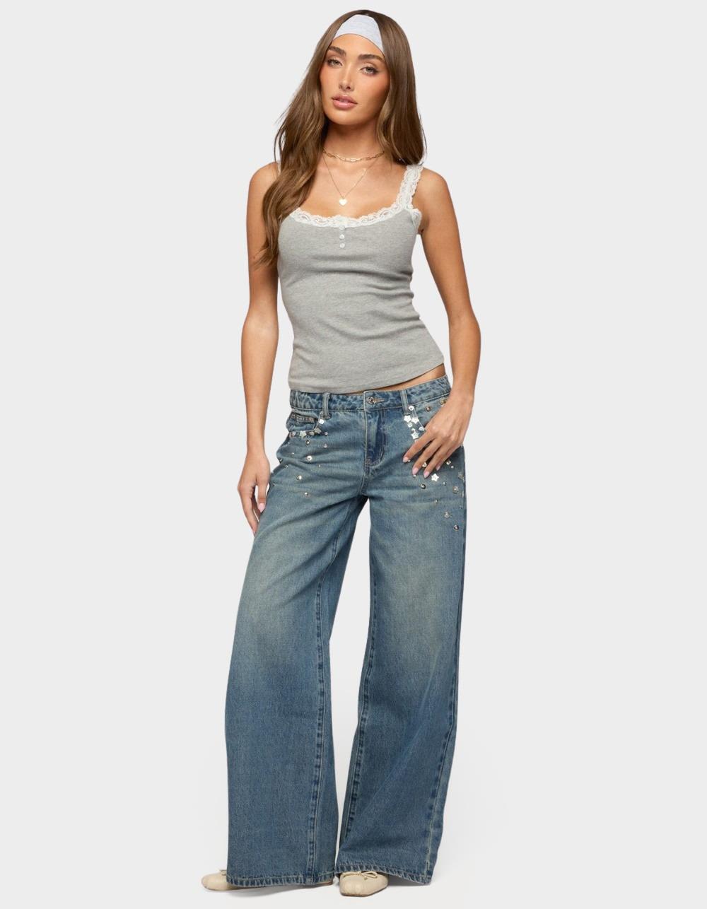 EDIKTED Mahlia Button Low Rise Baggy Jeans - BLUE