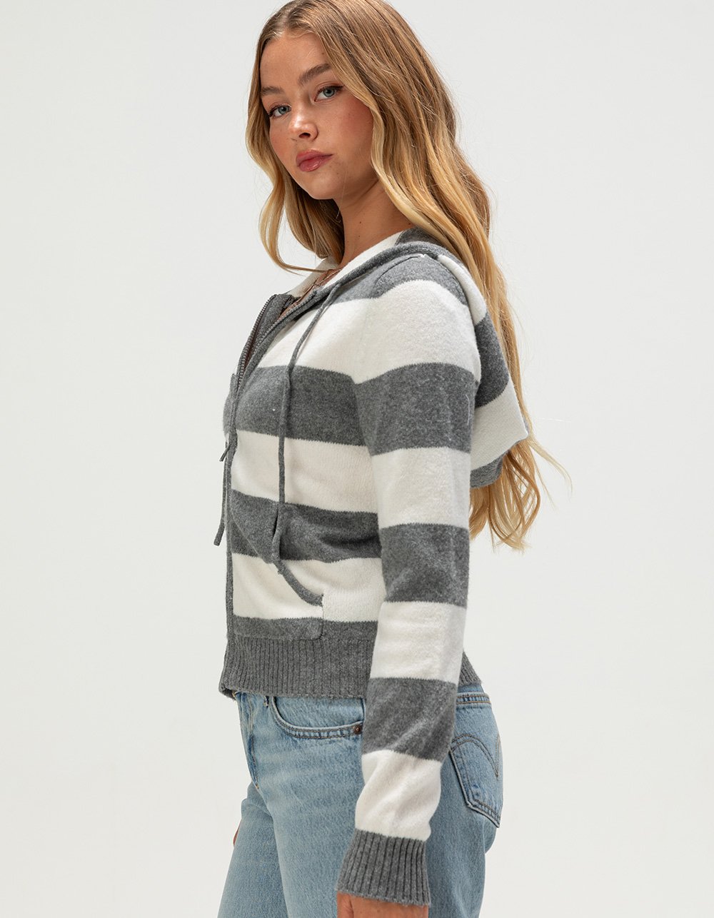 PINK ROSE Womens Stripe Zip-Up Hooded Sweater - GRAY/WHITE