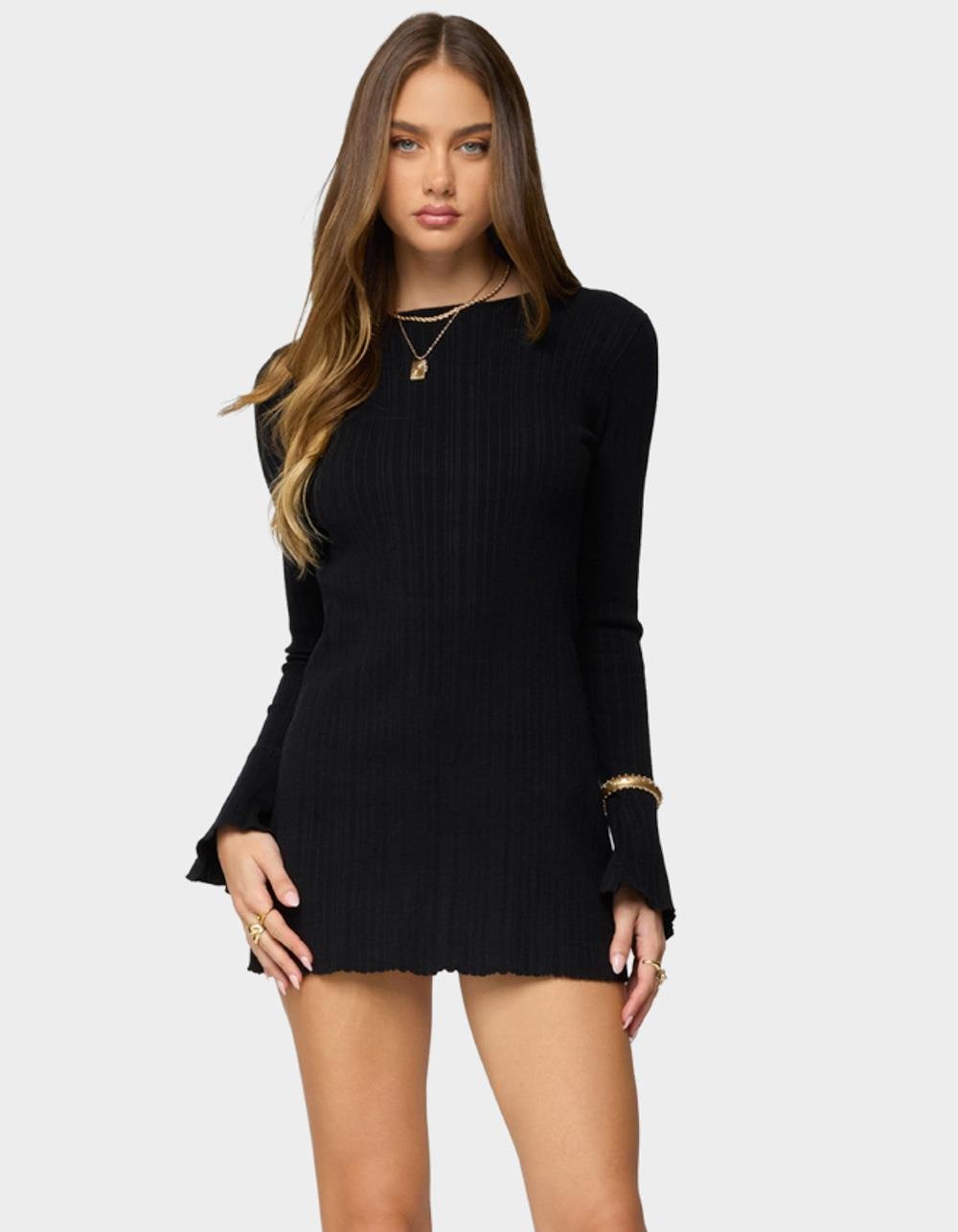 EDIKTED Isabel Backless Ribbed Knit Mini Dress - BLACK
