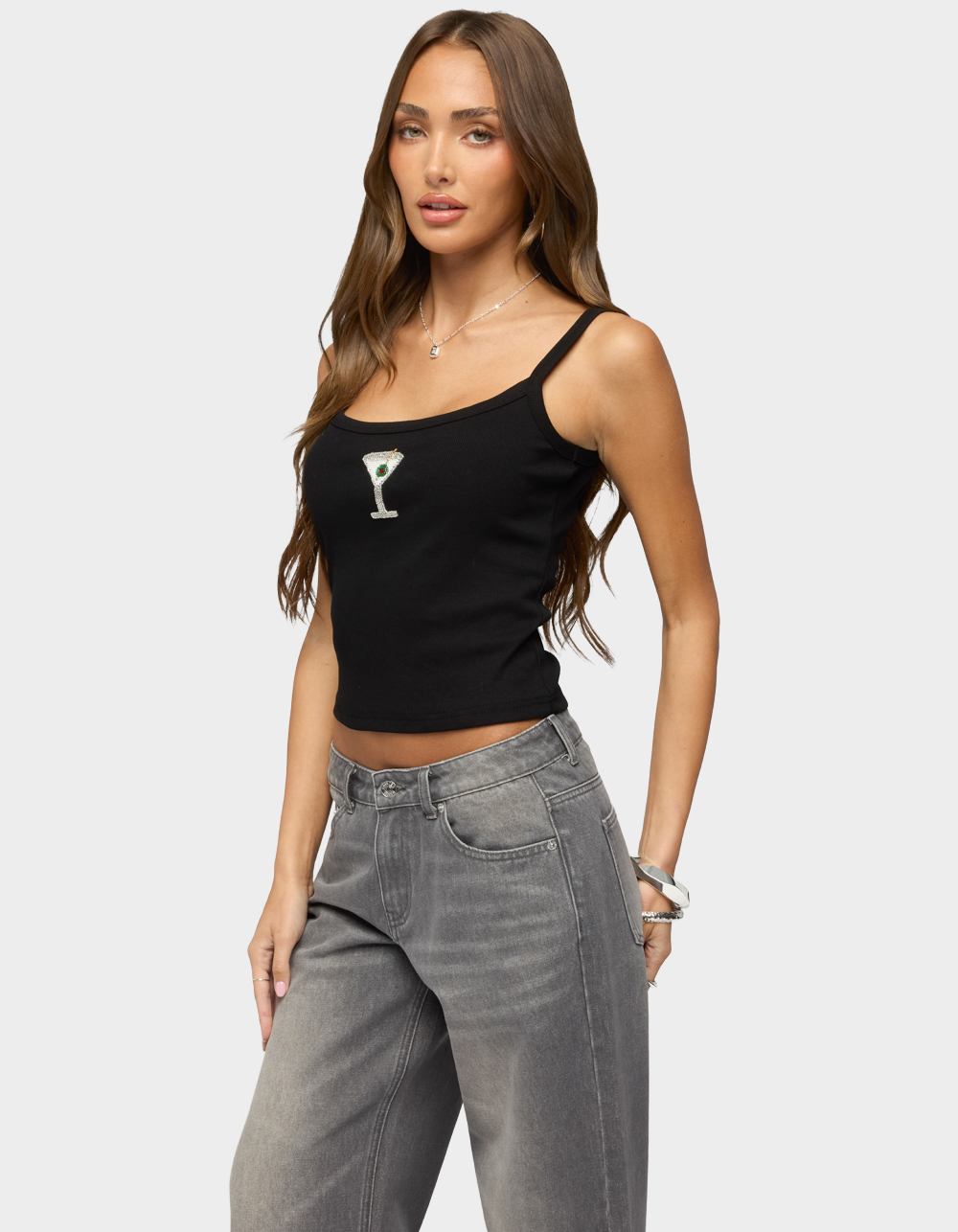 EDIKTED Martini Babe Ribbed Tank Top - BLACK