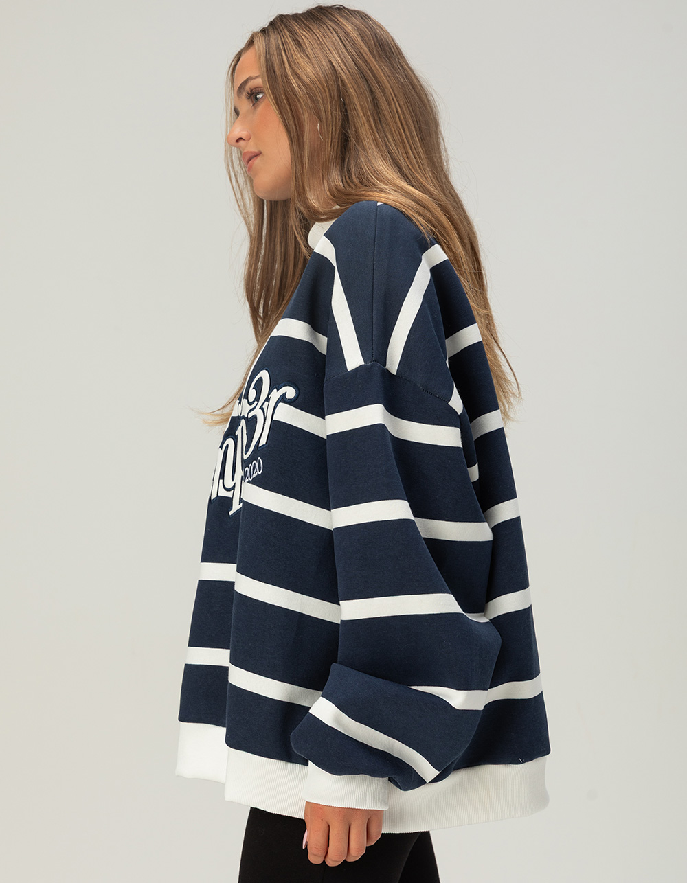 HAPPY CAMP3R Stripe Womens Mock Neck Sweatshirt - NAVY/WHITE
