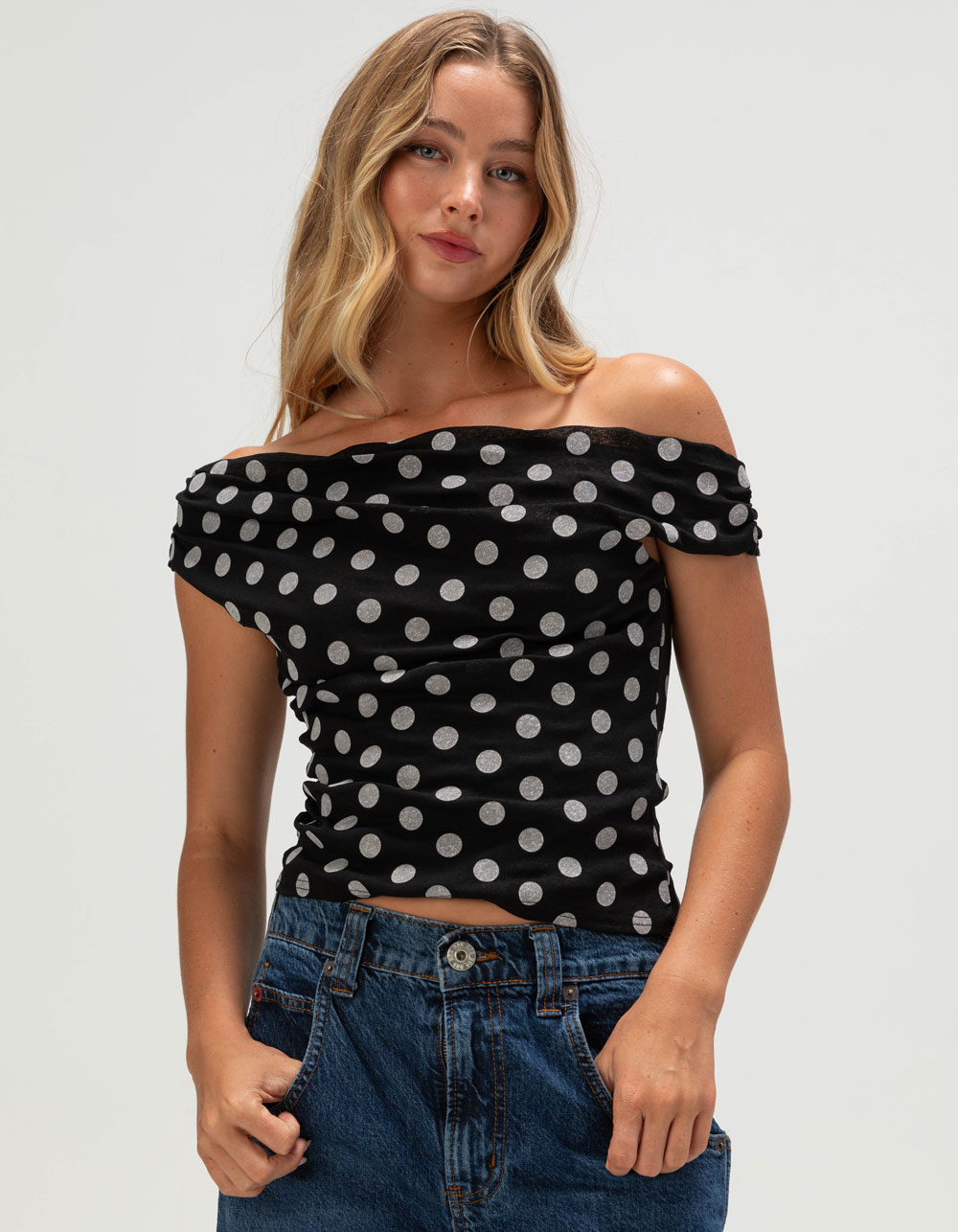 BDG Urban Outfitters Fia Dot Womens Off The Shoulder Top - BLK/WHT