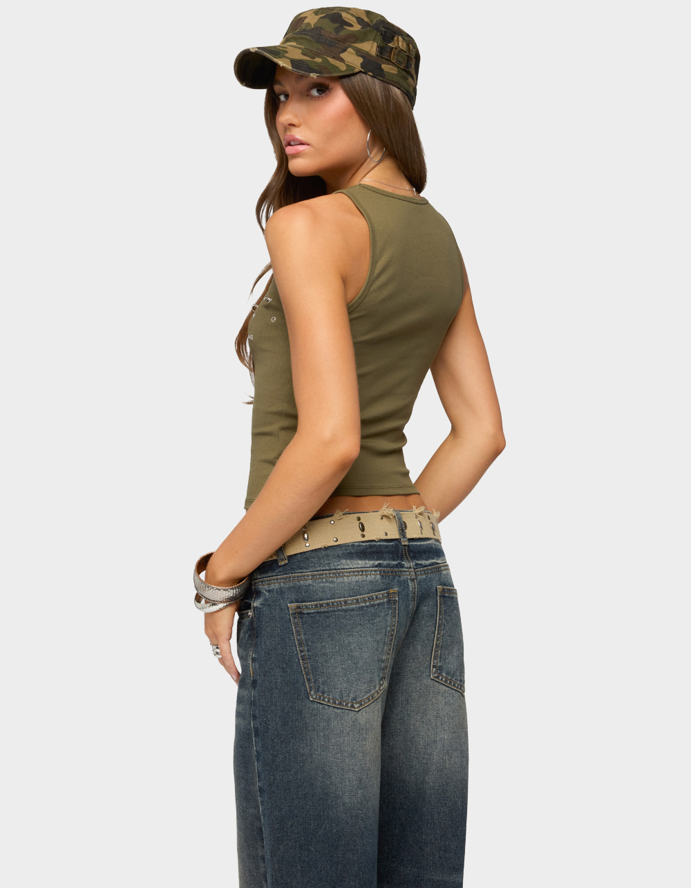 EDIKTED Pierced Grommet Ribbed Tank Top - DK GREEN