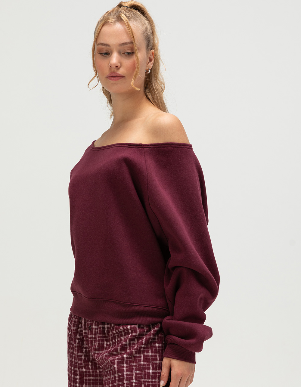 TILLYS Off The Shoulder Womens Sweatshirt - FIG