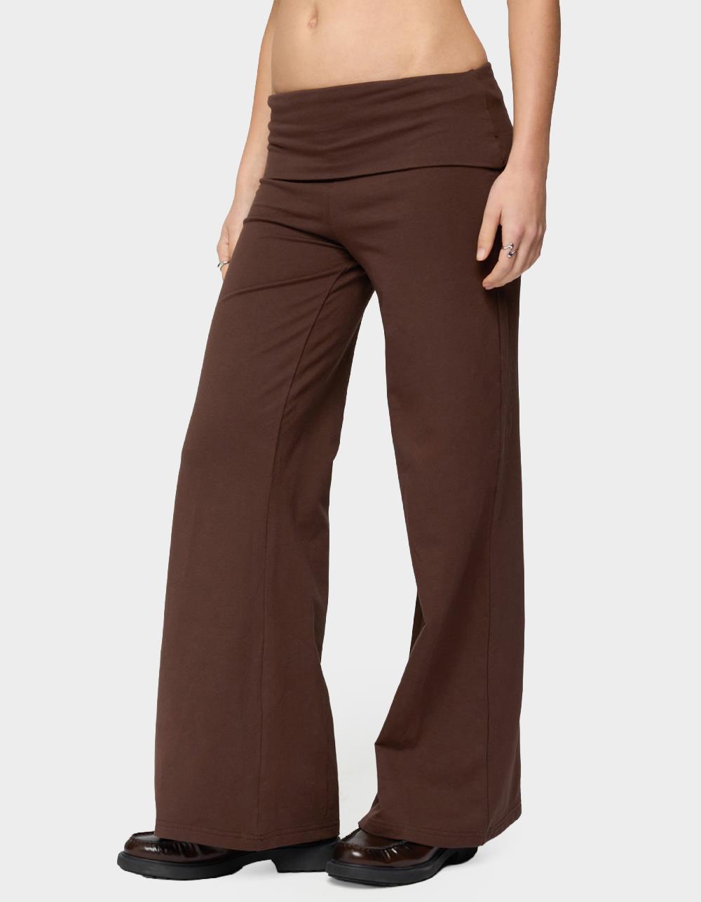 EDIKTED Petite Wide Leg Fold Over Pants - BROWN