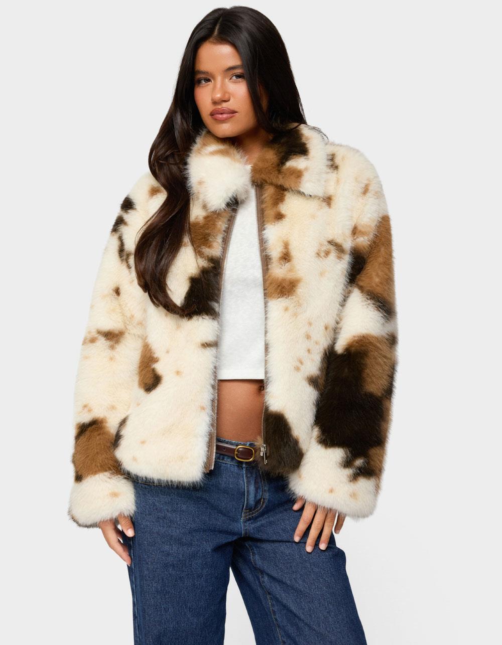 EDIKTED Rayan Cow Print Faux Fur Jacket - BLACK